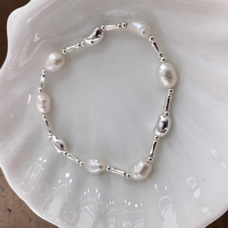 Silver Geometric Bead Pearl Punk Irregular Asymmetric Adjustable Bracelet For Woman Girl Fashion Jewelry-Dollar Bargains Online Shopping Australia