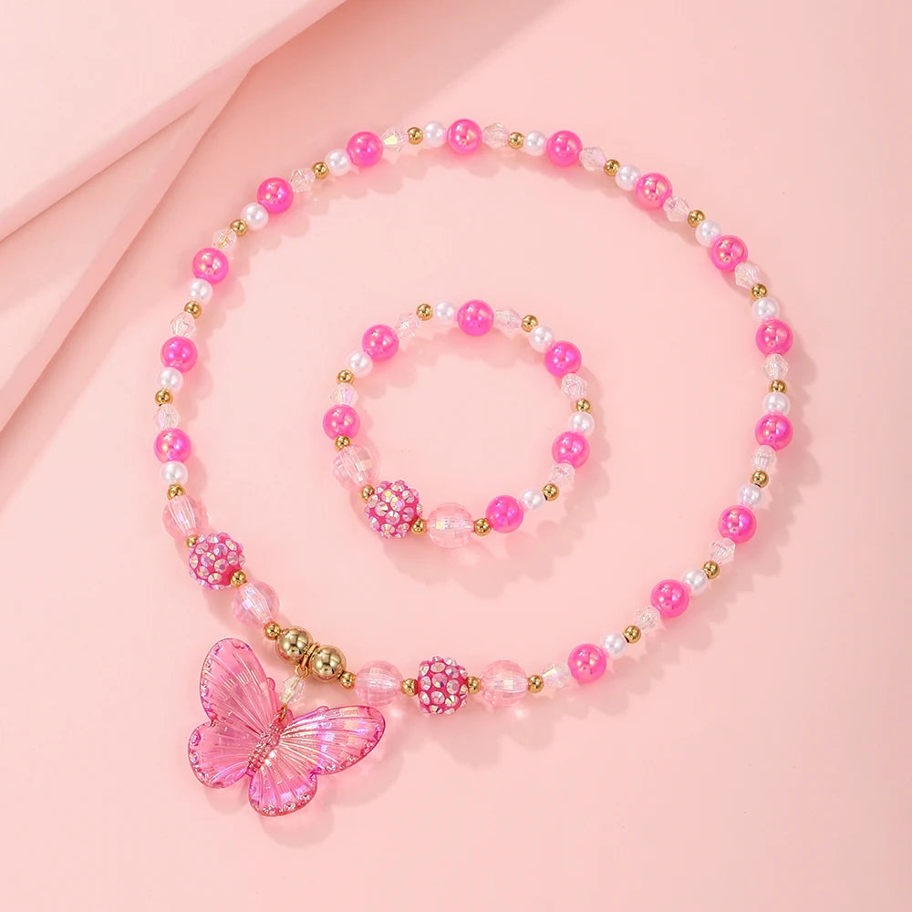 2Pcs/set Pink Butterfly Charm Necklace Bracelet Princess Girl Jewelry Set for Daughter Niece Children Best Party Birthday Gifts-Dollar Bargains Online Shopping Australia