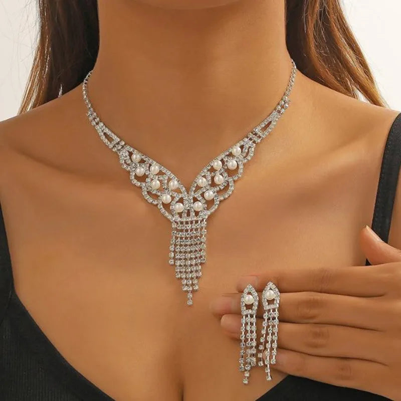 Geometric Rhinestone Necklace Earrings For Women Long Tassel Jewelry Sets Ladies Weddings Banquet Accessory-Dollar Bargains Online Shopping Australia