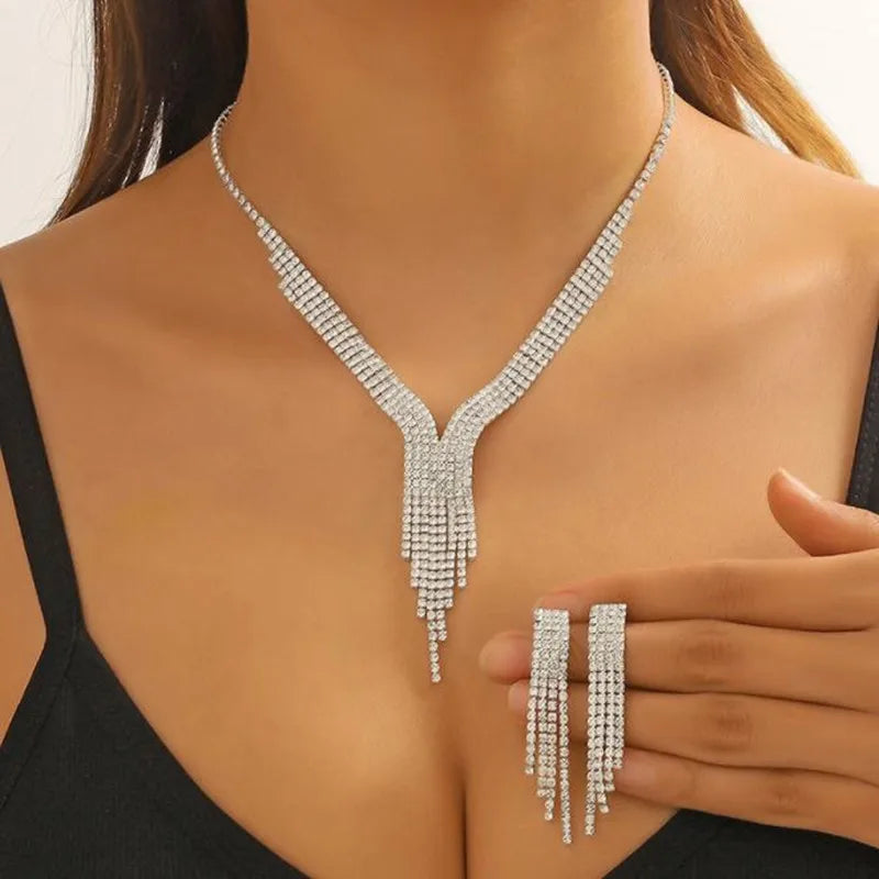 Geometric Rhinestone Necklace Earrings For Women Long Tassel Jewelry Sets Ladies Weddings Banquet Accessory-Dollar Bargains Online Shopping Australia