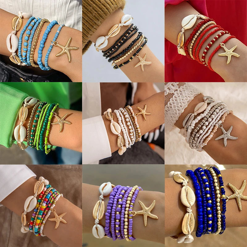 Bohemia Shell Starfish Bracelet Set Women Sand Beach Multilayer Bracelet Jewelry Party 7pcs/set-Dollar Bargains Online Shopping Australia