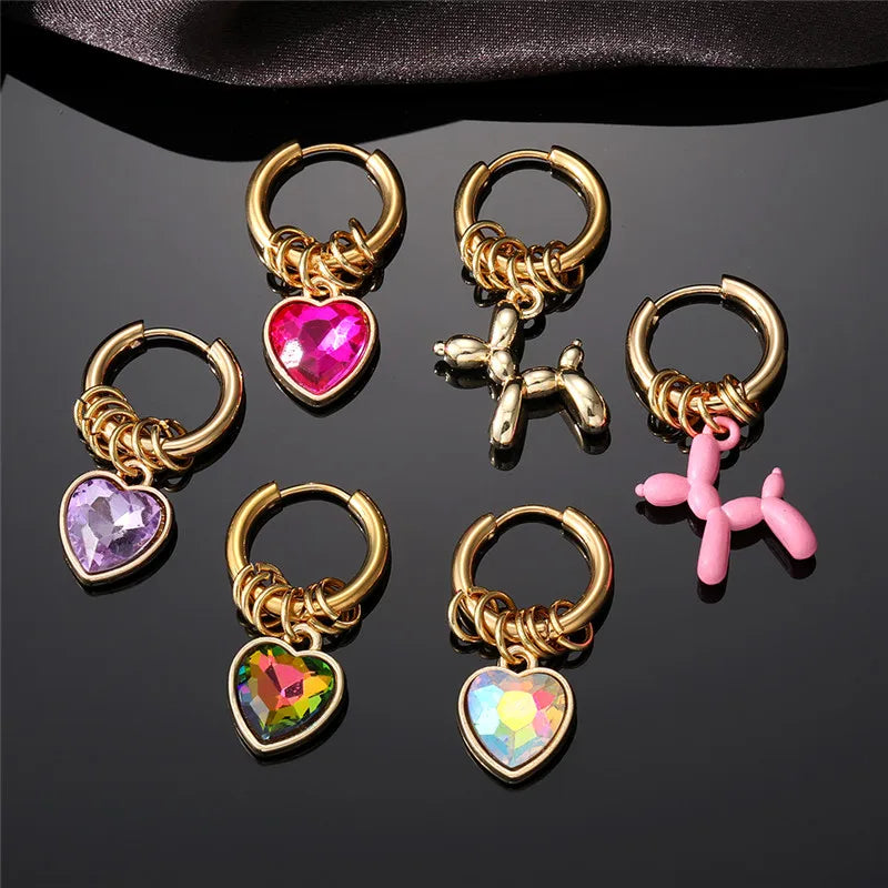 Bling Zircon Heart Pet Dog Stainless Steel Earrings For Women Punk Cute Colorful Love Animals Endless Circle Earrings Jewelry-Dollar Bargains Online Shopping Australia