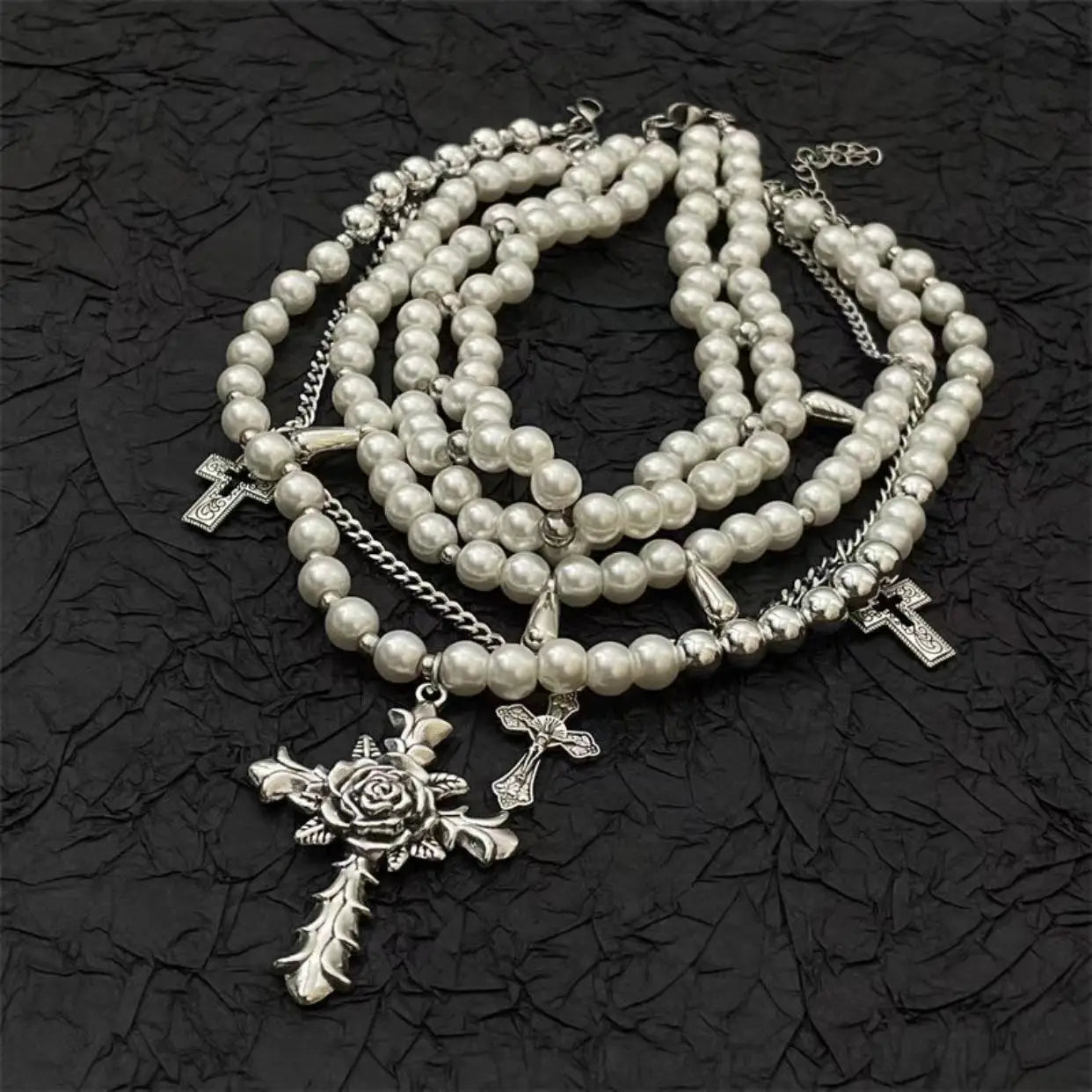 Goth Rose Flower Imitation Pearl Bead Cross Pendant Necklace for Women Multilayer Pearl Chains Aesthetic Vintage Luxury Jewelry-Dollar Bargains Online Shopping Australia