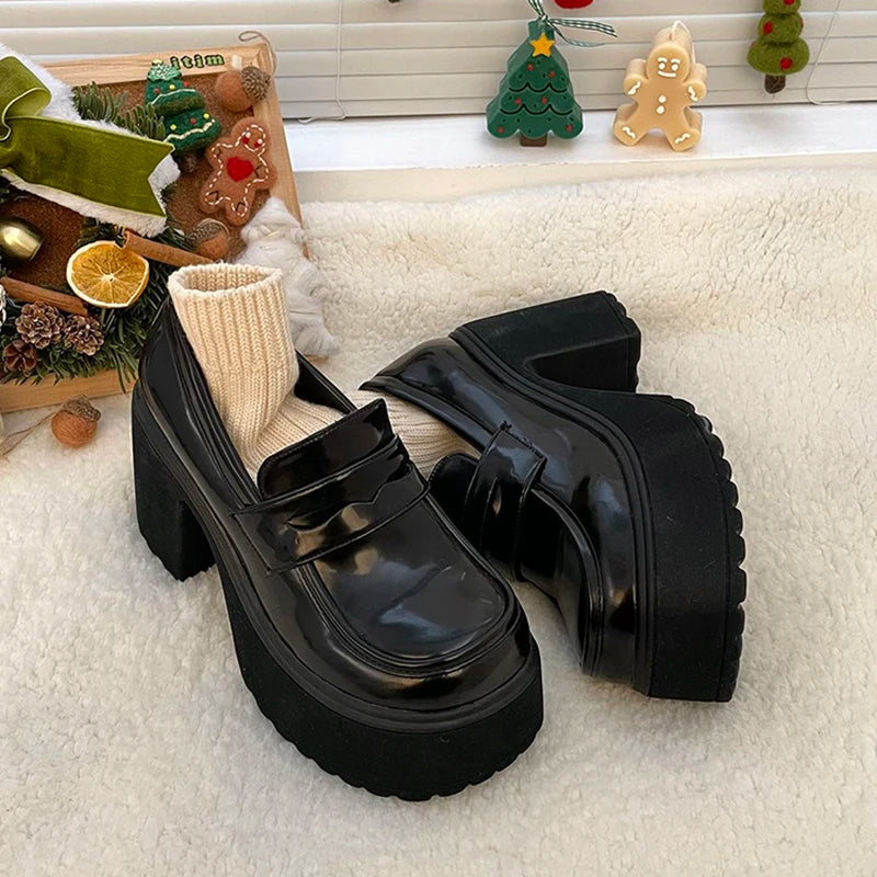 Super High Heels Loafers Women 2024 Spring Patent Leather Chunky Platform Pumps Woman Slip On Black Jk Uniform Shoes Mary Janes-Dollar Bargains Online Shopping Australia