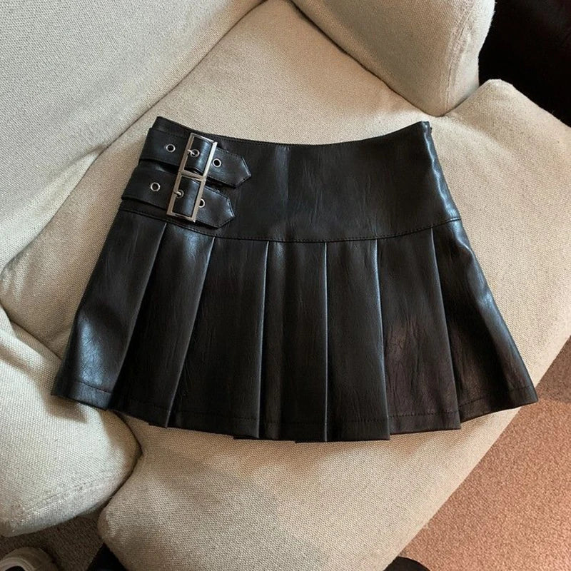 Y2K Pu Leather Mini Skirt Women Vintage High Waist Pleated Skirts Streetwear Korean Black Slim Casual A Line Skirts-Dollar Bargains Online Shopping Australia