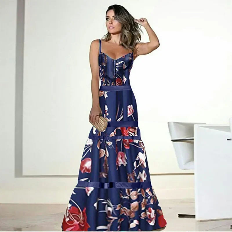 Women Boho Sexy Suspender Print Maxi Dress Sleeveless Long Skirt Fashion Woman Clothing Vestidos-Dollar Bargains Online Shopping Australia