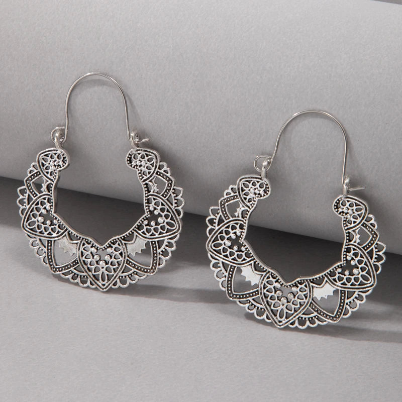 Vintage Antique Silver Color Carving Drop Earrings for Women Ethnic Alloy Piercing Dangle Earrings Jewelry-Dollar Bargains Online Shopping Australia