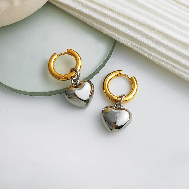 Statement Minimalist Gold Silver Color Mixed Solid Heart Pendant Hoop Earrings Street Style Korean Fashion Jewelry-Dollar Bargains Online Shopping Australia