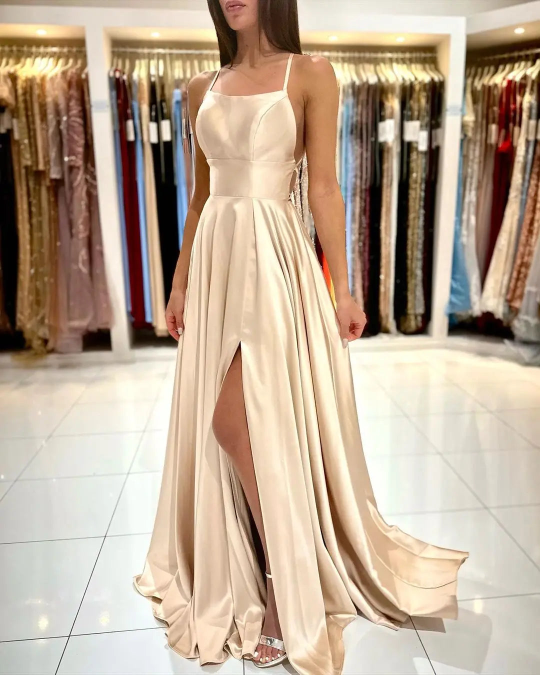 Satin Maxi Flared Dress Sexy Bridesmaid Dress Open Back A Line Wedding Evening Gown with Train-Dollar Bargains Online Shopping Australia