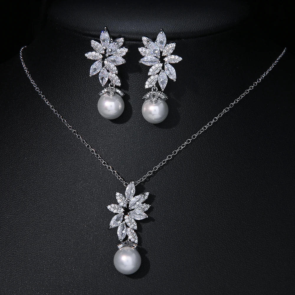 Luxury Pearl Bridal Jewelry Sets for Women Fashion Cubic Zirconia Earrings Necklace Wedding Accessories-Dollar Bargains Online Shopping Australia