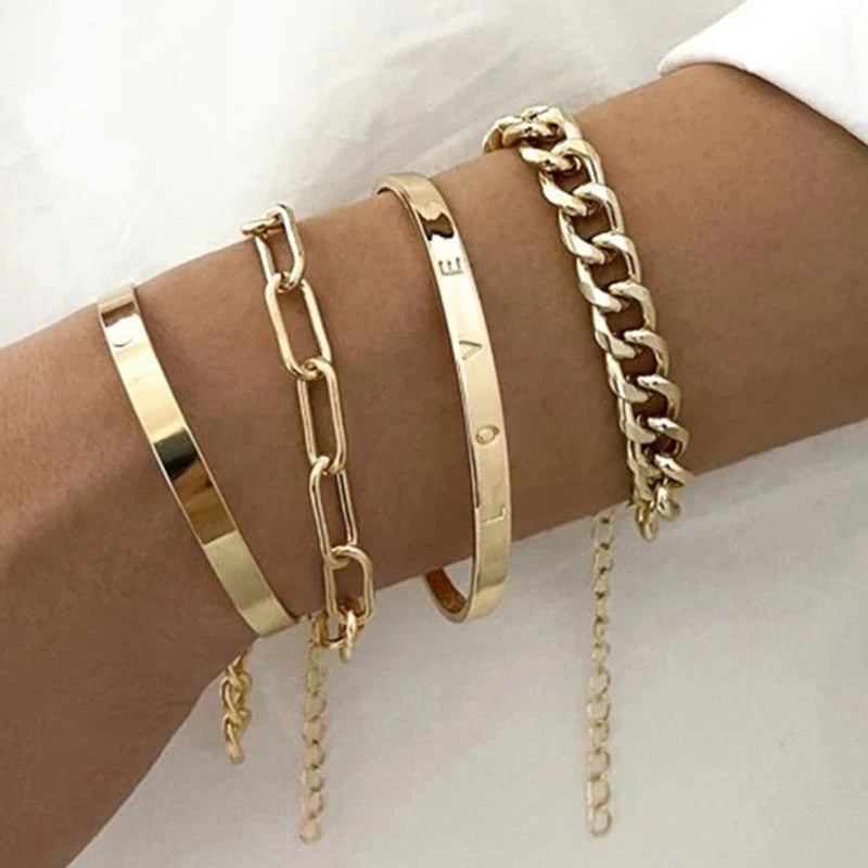 4pcs Punk Curb Cuban Chain Bracelets Set for Women Simple Thick Gold Color Charm Bracelets Fashion Jewelry Accessories New-Dollar Bargains Online Shopping Australia