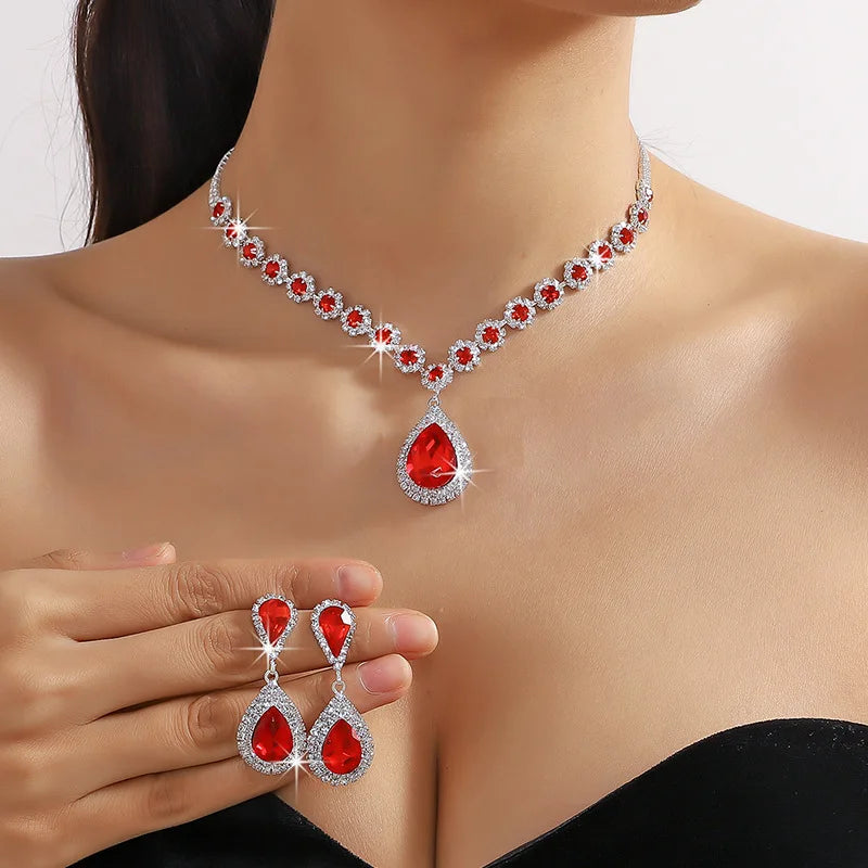 Luxury Red Green Blue Crystal Necklace Earrings For Women Water Drop Pendant Wedding Bride Jewelry Sets-Dollar Bargains Online Shopping Australia