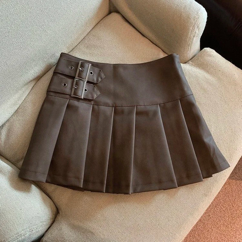 Y2K Pu Leather Mini Skirt Women Vintage High Waist Pleated Skirts Streetwear Korean Black Slim Casual A Line Skirts-Dollar Bargains Online Shopping Australia