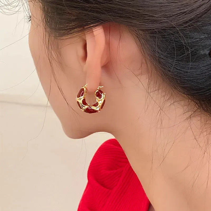 New Vintage Enamel Color Metal Texture Small Hoop Earrings for Women Trendy Gold Plated Statement Ear Buckle Creative Jewelry-Dollar Bargains Online Shopping Australia