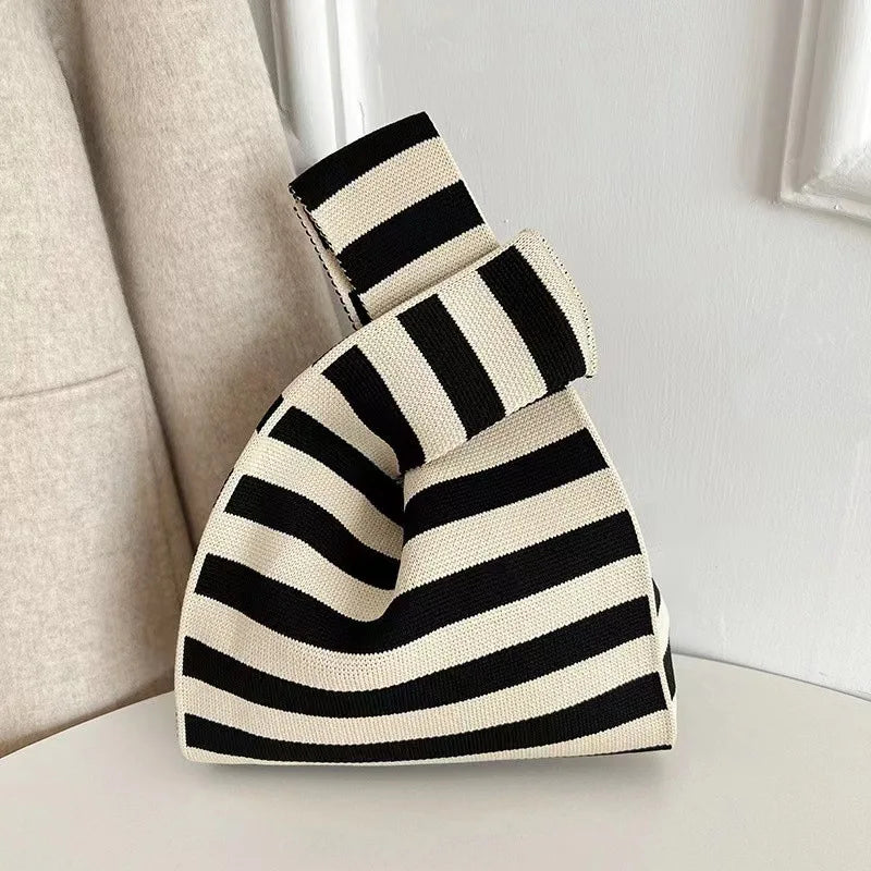 Womens Knot Wrist Bag Handmade Knitted Bag Portable Mini Striped Tote Bucket Phone Bags Large Capacity Autumn Winter Handbags-Dollar Bargains Online Shopping Australia