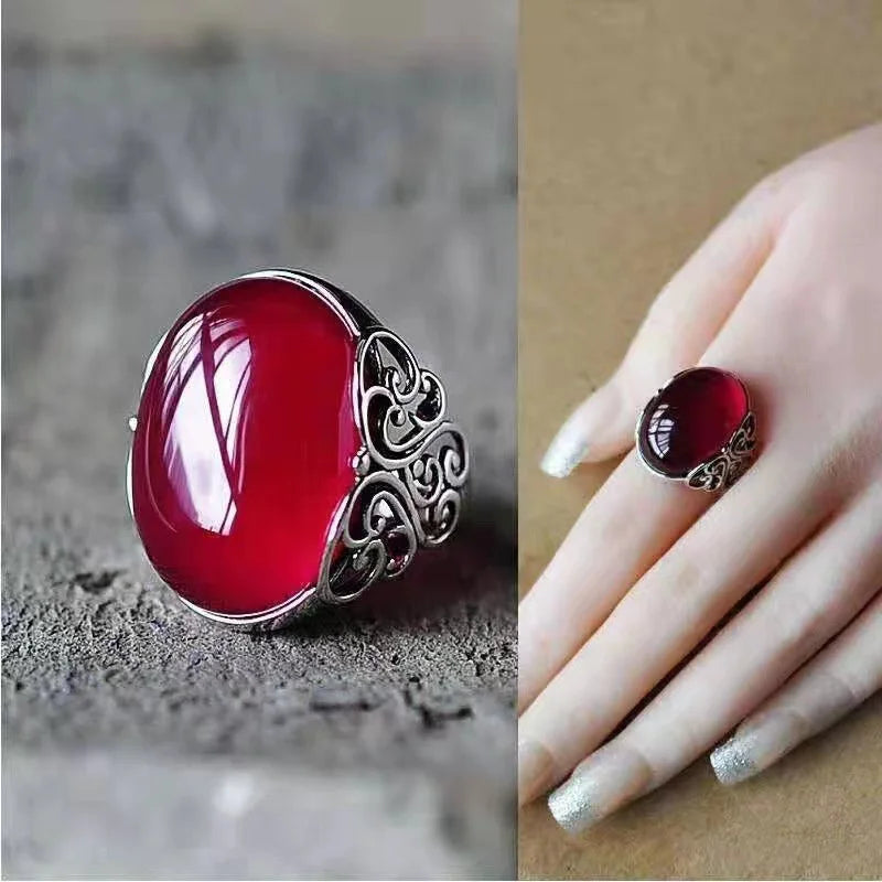 Red Agate Chalcedony Ancient Silver Color Open Ring Female Crown Rhinestone Ring Hollow Butterfly Adjustable-Dollar Bargains Online Shopping Australia