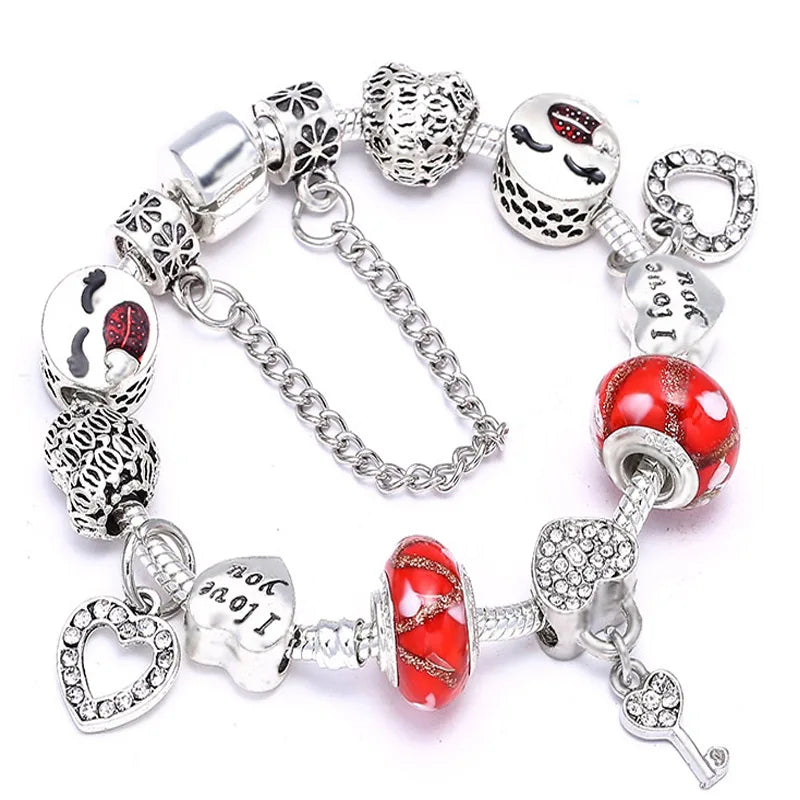 Buipoey Silver Plated Heart Key Pendant Charm Bracelets For Women Original Girls Princess Crown Beaded Bracelet Wife Jewelry-Dollar Bargains Online Shopping Australia