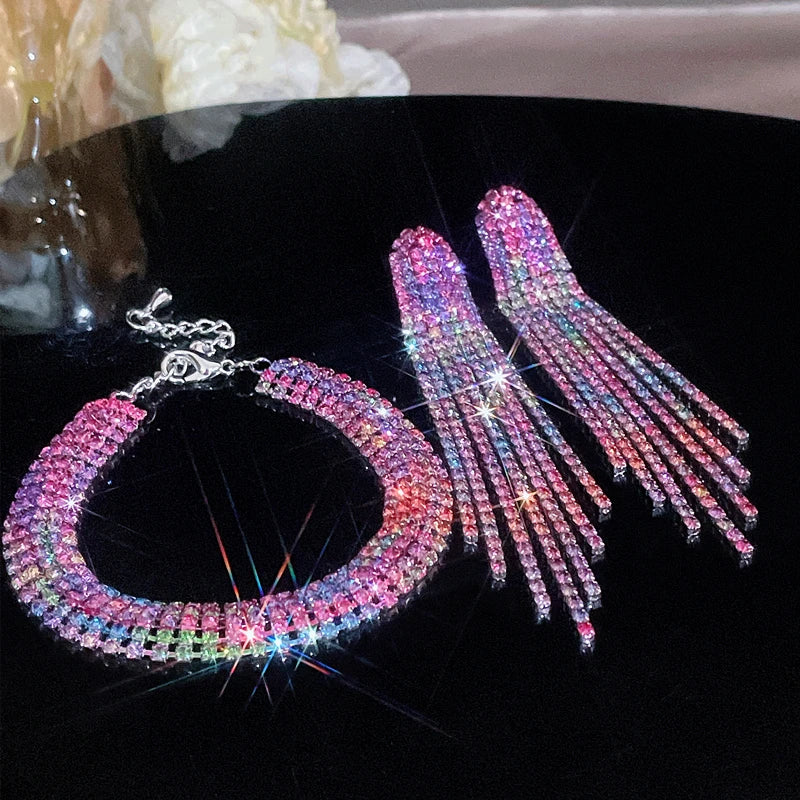 Luxury Crystal Bridal Jewelry Set Silver Plated Rhinestone Bracelet and Earrings Tassel-Dollar Bargains Online Shopping Australia