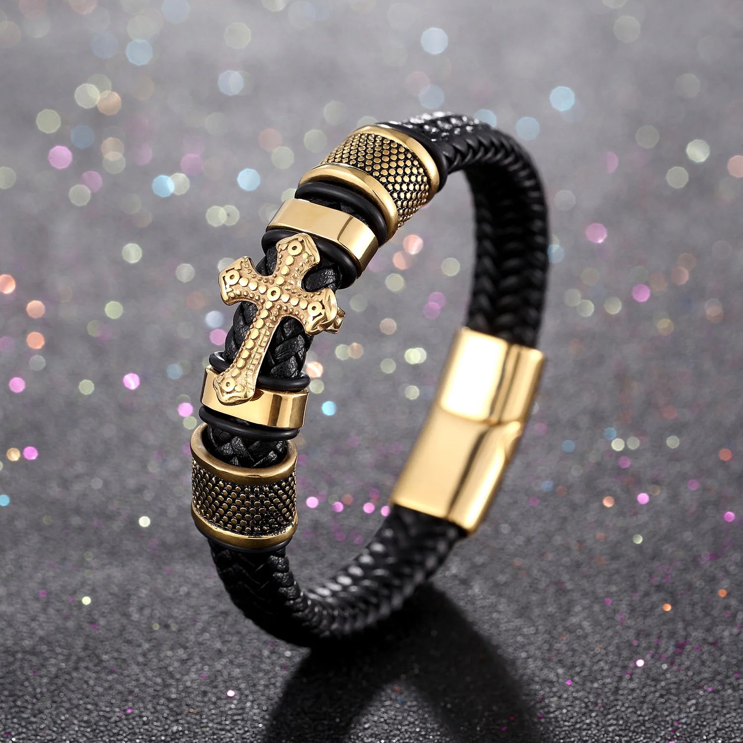 Fashion Religious Christianity Cross Bangles with Charms Chakra Men Classic Punk Leather Bracelet Male Braided Multilayer Bracel-Dollar Bargains Online Shopping Australia