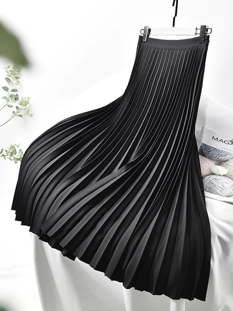 Women Spring Autumn Elegant Chic Solid Pleated Skirt High Waist Luxury Fashion With Elastic Female-Dollar Bargains Online Shopping Australia