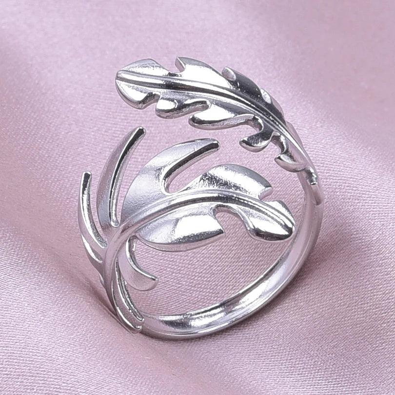 Leaf Shape Open Adjustable Rings For Women Stainless Steel Fashion Feather Shape Finger Rings Jewelry-Dollar Bargains Online Shopping Australia