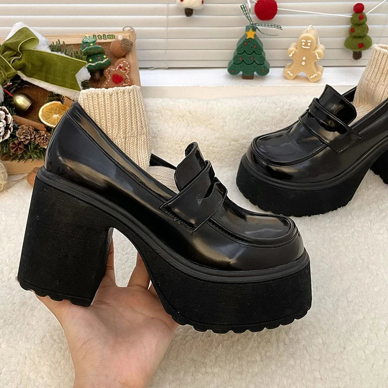 Super High Heels Loafers Women 2024 Spring Patent Leather Chunky Platform Pumps Woman Slip On Black Jk Uniform Shoes Mary Janes-Dollar Bargains Online Shopping Australia