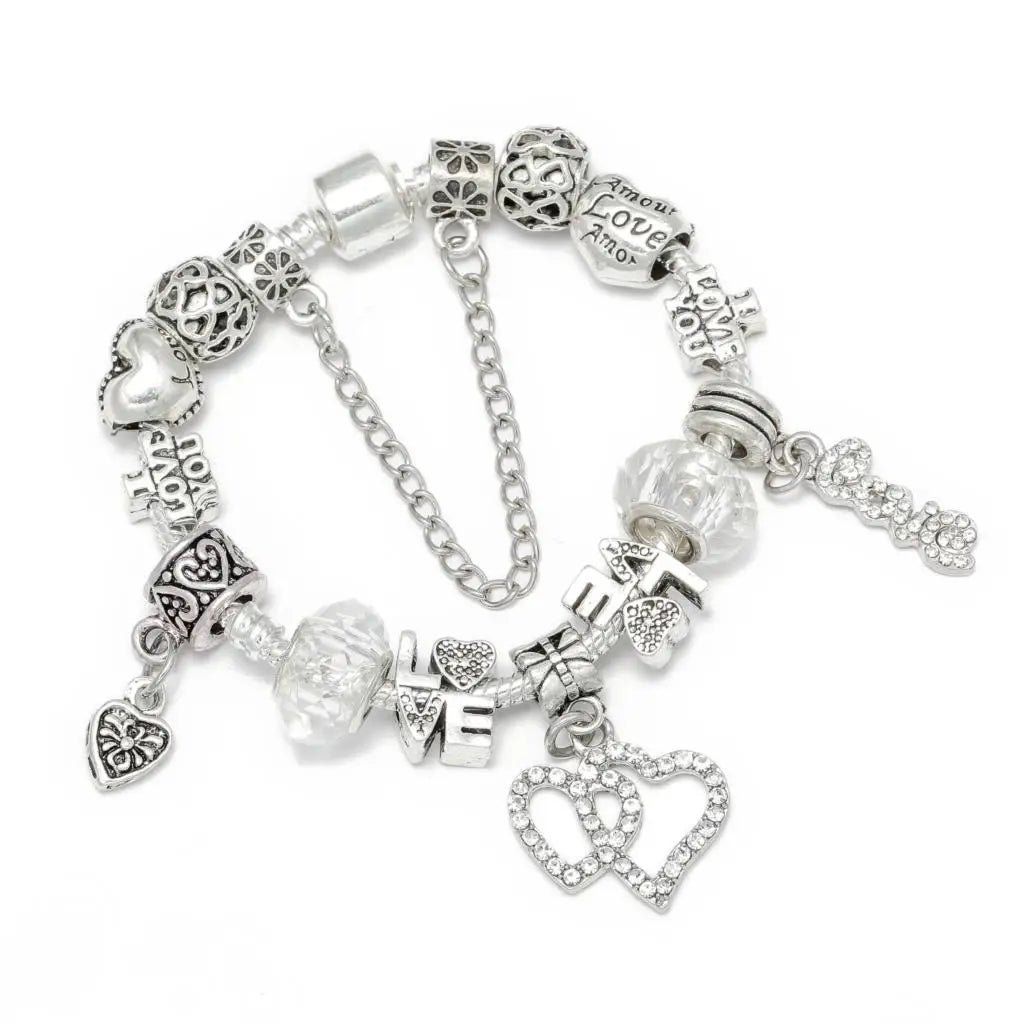 Buipoey Silver Plated Heart Key Pendant Charm Bracelets For Women Original Girls Princess Crown Beaded Bracelet Wife Jewelry-Dollar Bargains Online Shopping Australia