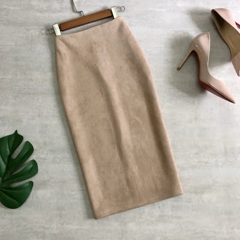 Multi Pencil Skirt Womens Solid Color High Waist Suede Sheath Back Split Midi Bodycon Skirts-Dollar Bargains Online Shopping Australia