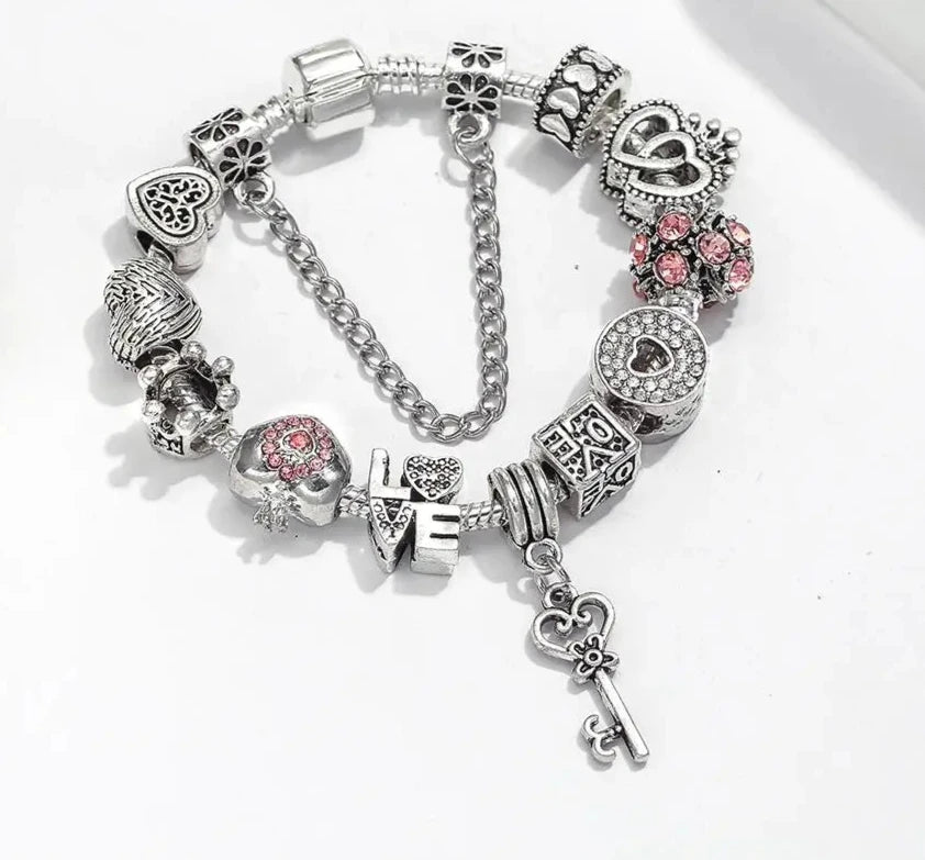 Buipoey Silver Plated Heart Key Pendant Charm Bracelets For Women Original Girls Princess Crown Beaded Bracelet Wife Jewelry-Dollar Bargains Online Shopping Australia