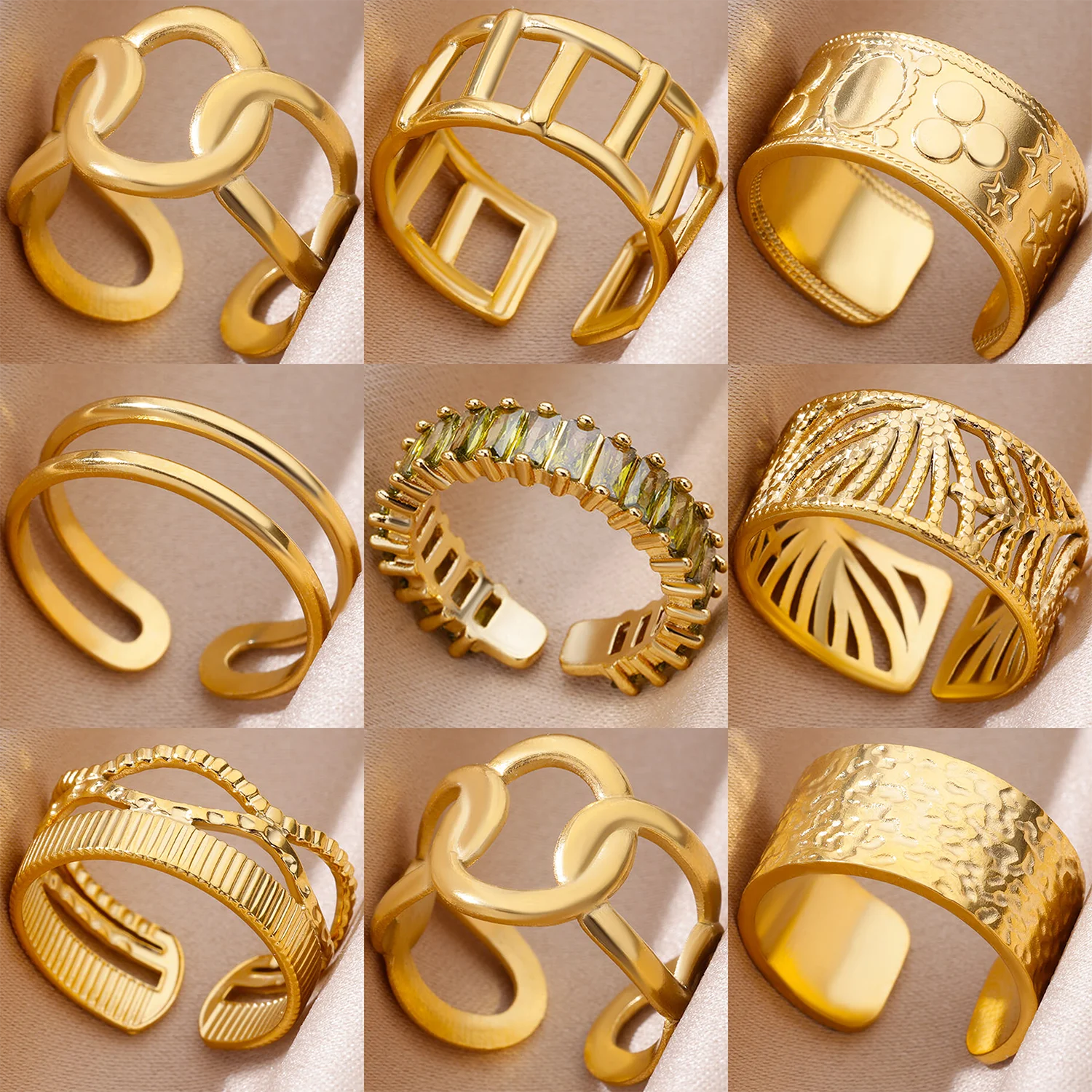 Rings for Women Gold Color Couple Jewelry Aesthetic Adjustable Punk Embossed Hollow Wide Ring-Dollar Bargains Online Shopping Australia