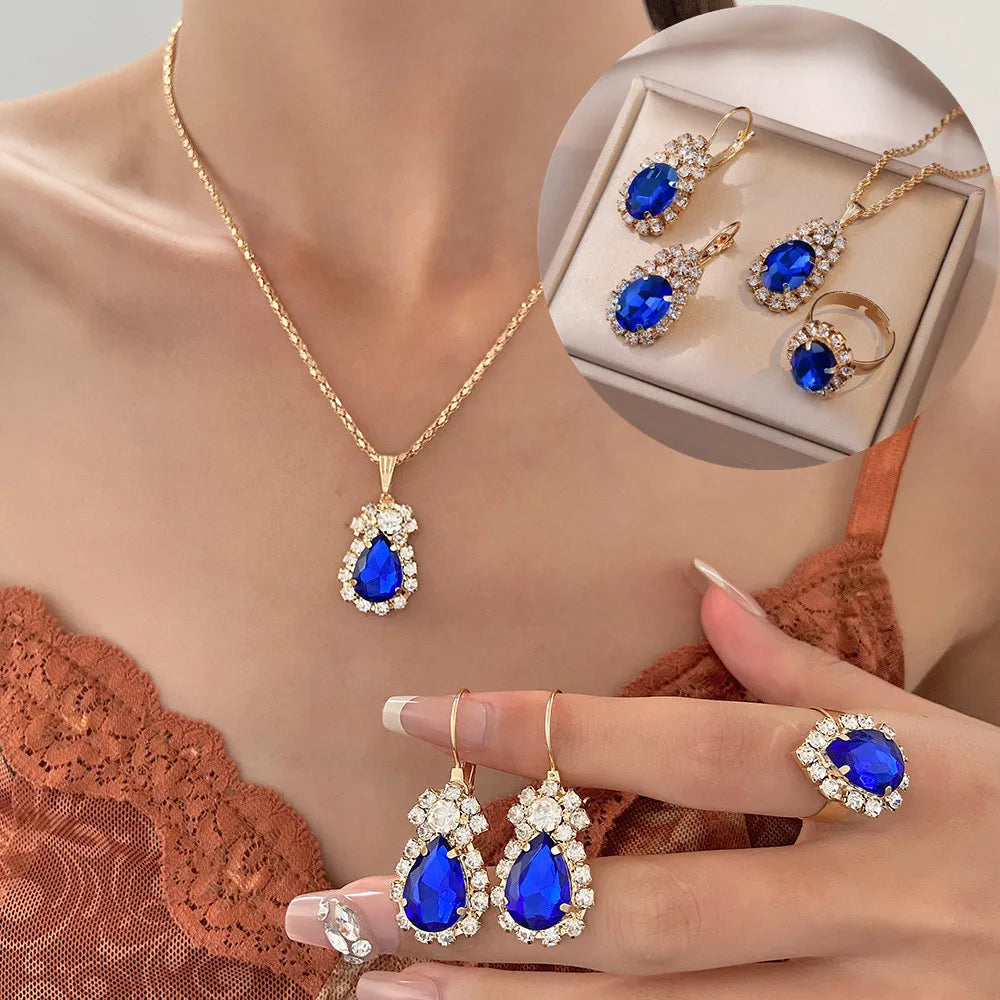 Crystal Ring Necklace Earrings Set Wedding Jewelry Sets For Brides Pendant Earrings For Girls Women African Jewelry Sets-Dollar Bargains Online Shopping Australia