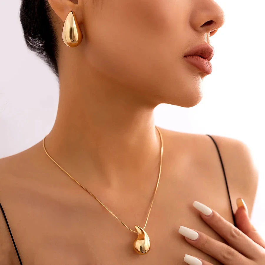 New Gold Color Stainless Steel Necklace For Women Jewelry Metal Vintage Waterdrop Pendant Earrings Necklace Set Birthday Gift-Dollar Bargains Online Shopping Australia