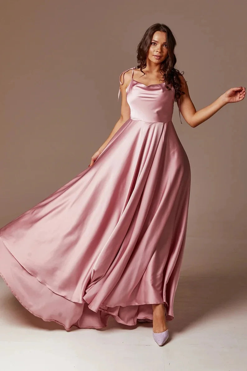 Satin Maxi Flared Dress Sexy Bridesmaid Dress Open Back A Line Wedding Evening Gown with Train-Dollar Bargains Online Shopping Australia