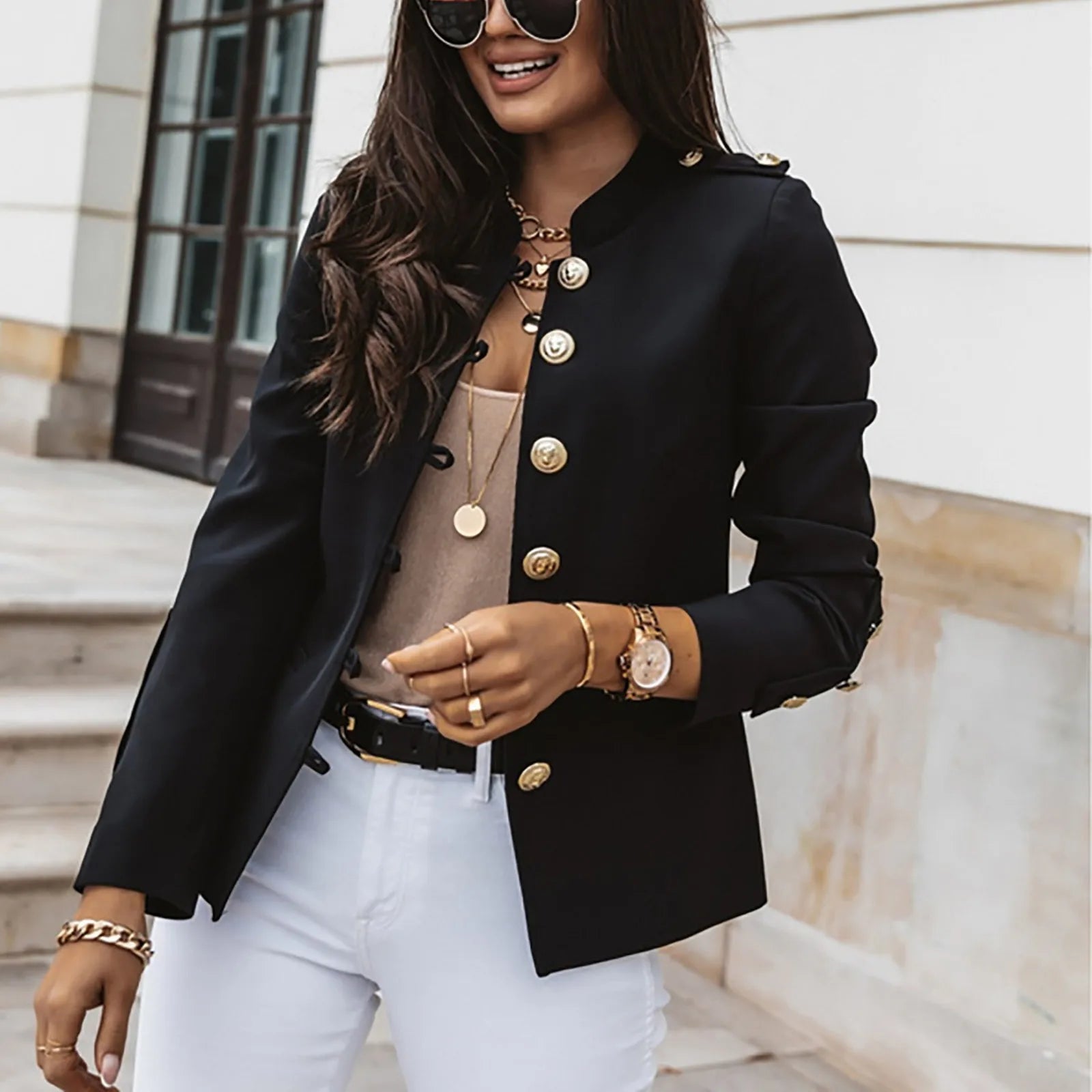 Women's Casual Slim Fit Solid Color Tops Button Long Sleeved Standing Collar Business Suit Jacket Trendy Office Short Suit Coat-Dollar Bargains Online Shopping Australia