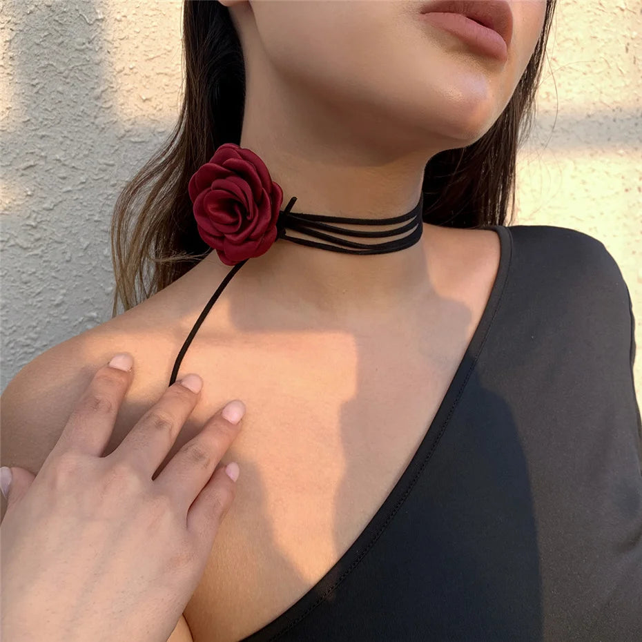 Romantic Gothic Big Rose Flower Clavicle Chain Necklace for Women Ladies Korean Fashion Adjustable Rope Choker Y2K Accessories-Dollar Bargains Online Shopping Australia