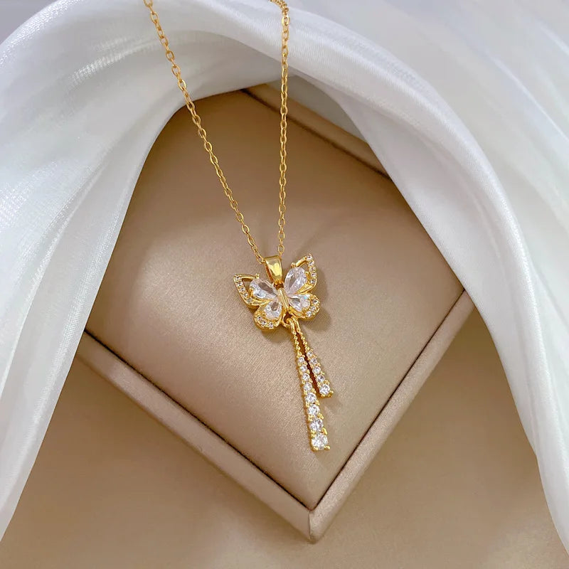 Romantic White Tassel Butterfly Necklace Fashionable Micro-inlaid Temperament Versatile Stainless Steel Gift-Dollar Bargains Online Shopping Australia