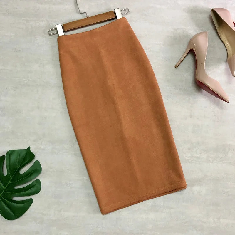 Multi Pencil Skirt Womens Solid Color High Waist Suede Sheath Back Split Midi Bodycon Skirts-Dollar Bargains Online Shopping Australia