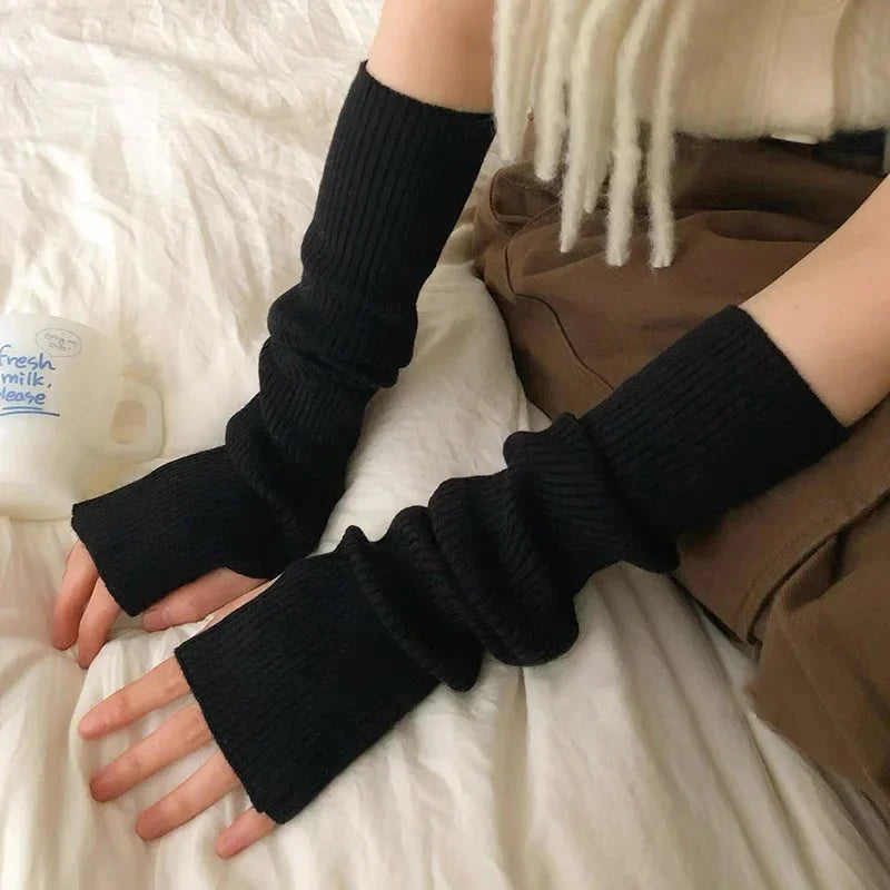 Knitted Long Fingerless Gloves Women Mitten Winter Y2K Solid Arm Warmer Sleeves Fashion Casual Soft Girls Clothes Punk Glove-Dollar Bargains Online Shopping Australia