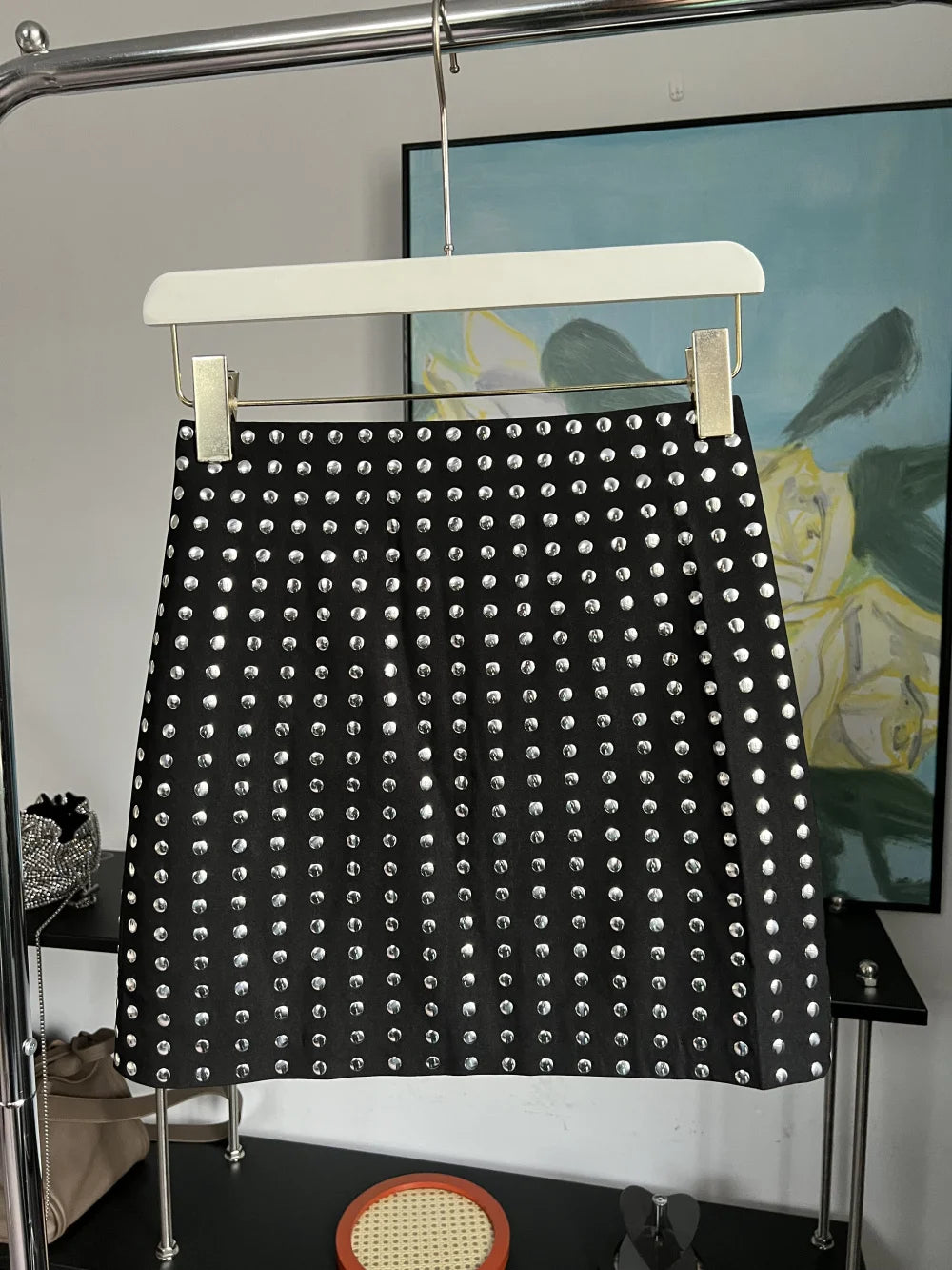 Studded skirt Heavy rivets decorated A-line version of high Fanny pack hips mini black skirt-Dollar Bargains Online Shopping Australia