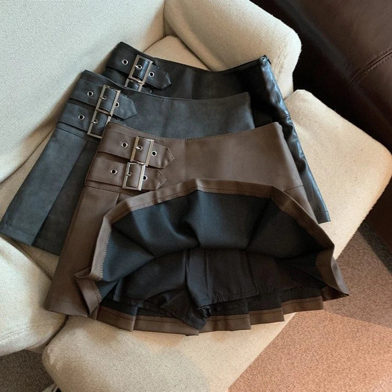 Y2K Pu Leather Mini Skirt Women Vintage High Waist Pleated Skirts Streetwear Korean Black Slim Casual A Line Skirts-Dollar Bargains Online Shopping Australia