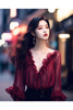 Chiffon Flare Long Sleeved Women's Clothing Spring V-Neck Ruffle Patchwork Solid Color Fashion Loose Elegant Shirt-Dollar Bargains Online Shopping Australia