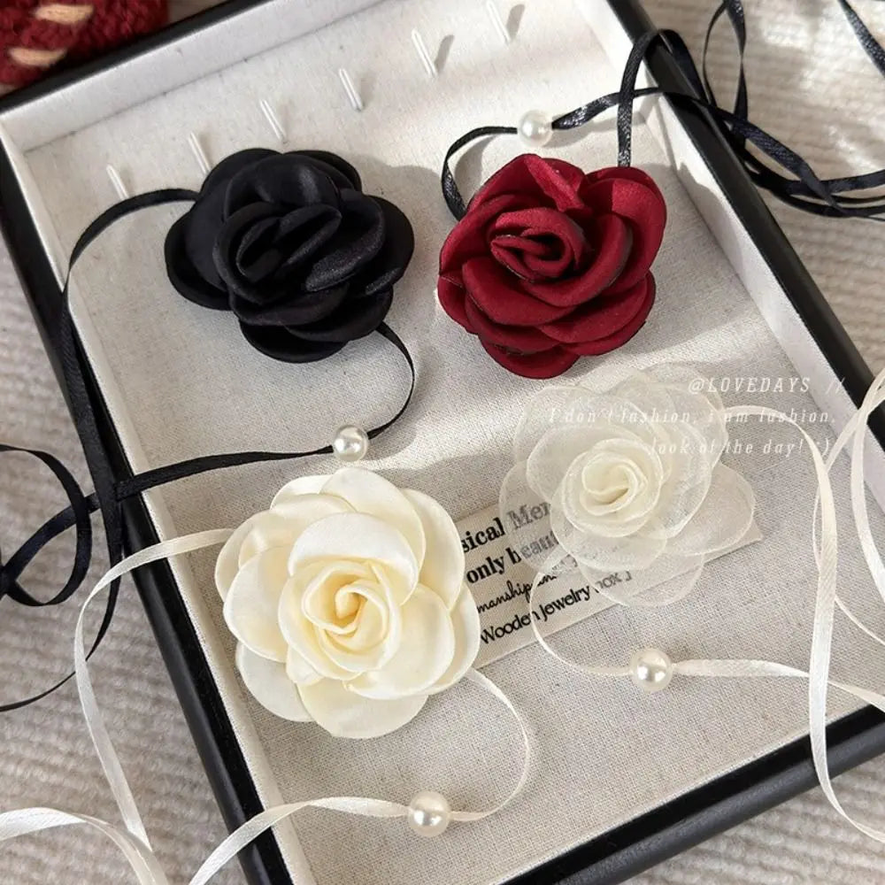 3D Rose Flower Women Choker Necklace Retro Black White Elegant Lace Up Rose Necklace Strappy Collar Necklace Party Supplies-Dollar Bargains Online Shopping Australia