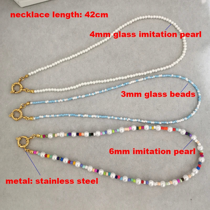 Imitation Pearl Necklace Women Choker Seed Beads Rainbow Stainless Steel Clasp Sailor Buckle Base Chain Gold Color Boho-Dollar Bargains Online Shopping Australia