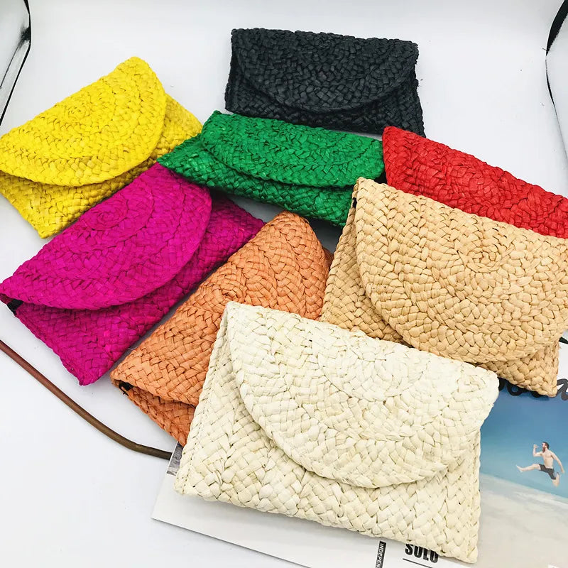 Women Flap Envelope Bags Fashion Summer Beach Bag Handmade Wallet Straw Knitted Handbag Lady Coin Phone Long Purse Clutches-Dollar Bargains Online Shopping Australia