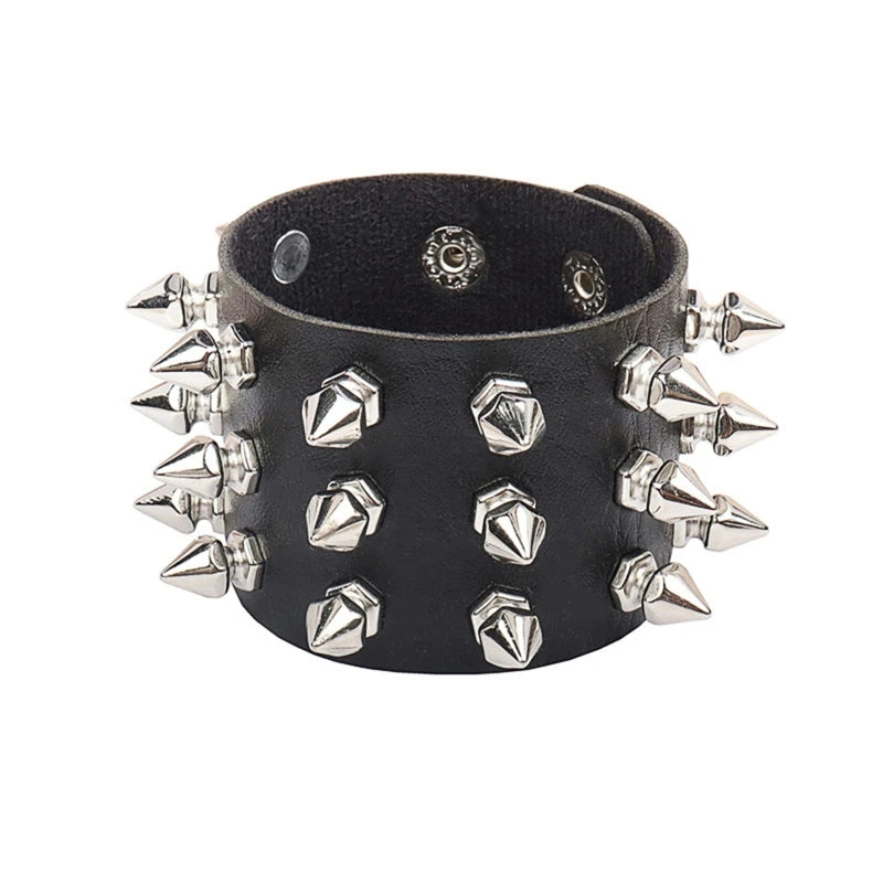 Punk Bracelet for Men Women - Goth Black Leather Wristband with Metal Spike Studded- Spike Rivets Cuff Bangle Adjustable-Dollar Bargains Online Shopping Australia