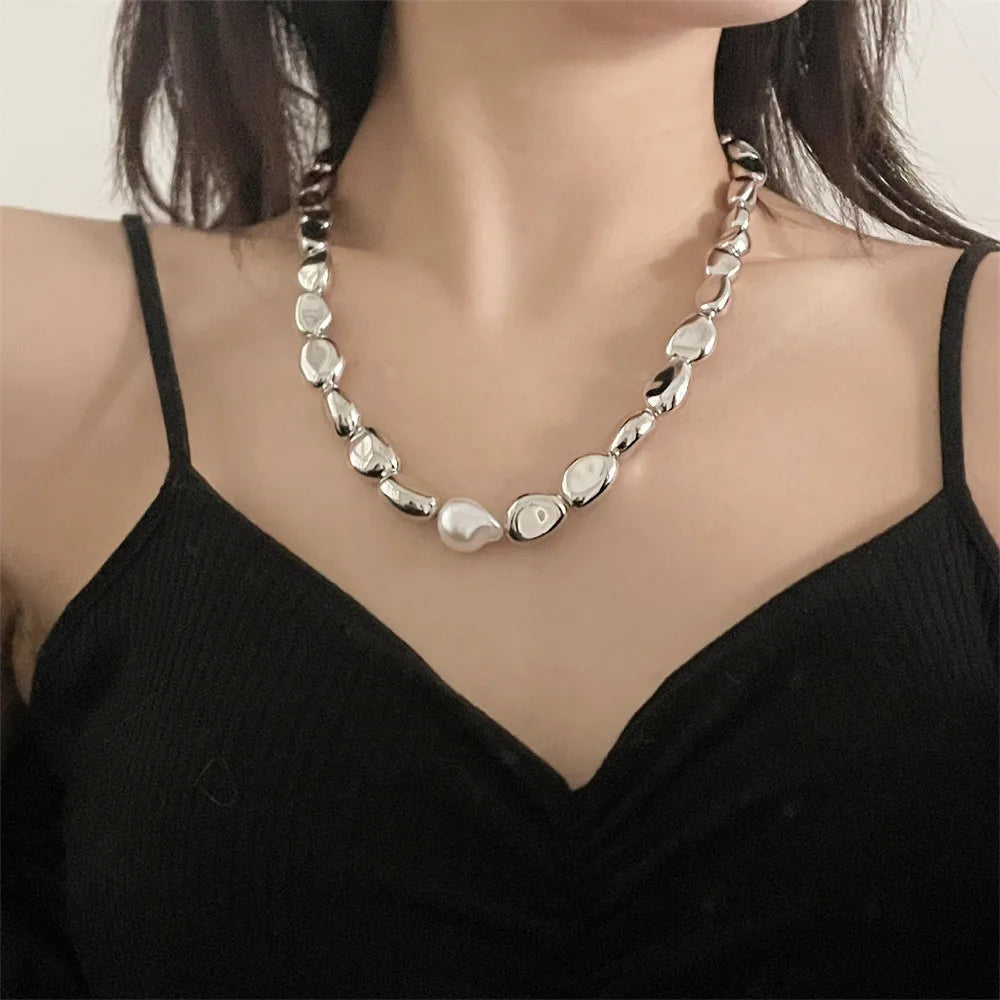 Vintage Silver-plate Geometric Exaggerated Artificial Pearl Chain Necklace For Women Female Fashion Boho Y2K Girl Jewelry Gift-Dollar Bargains Online Shopping Australia