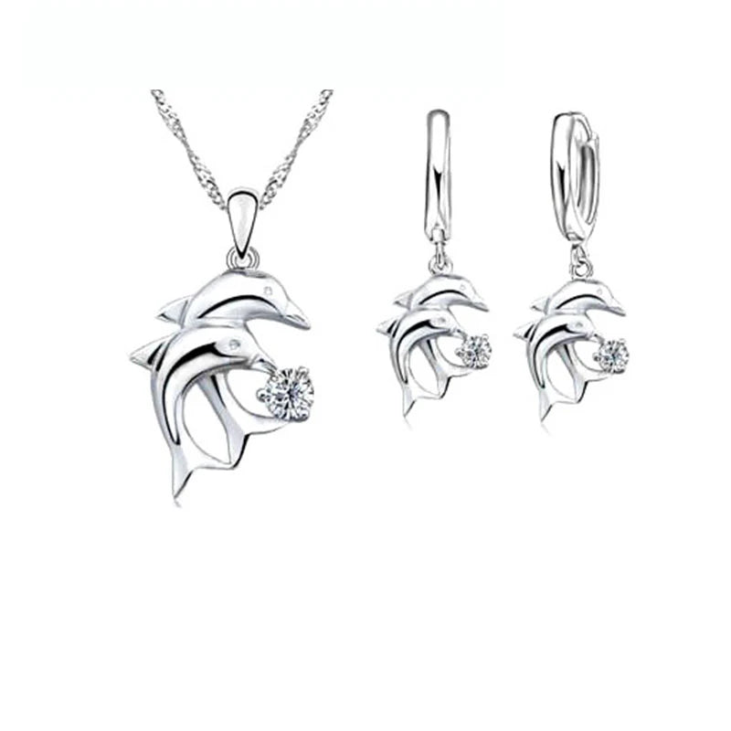 Sterling Silver Color Bridal Jewelry Sets Dolphin Design Crystal Necklaces Hoop Earrings Women Girls Engagement Anniversary-Dollar Bargains Online Shopping Australia