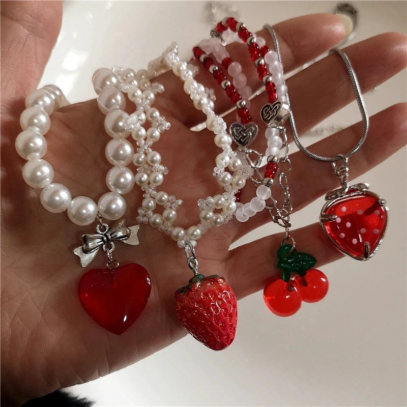 Y2K Strawberry Pendant Necklace Choker for Women Children Jewelry Imitation Pearl Neck Clavicle Chain Cute Accessories New-Dollar Bargains Online Shopping Australia