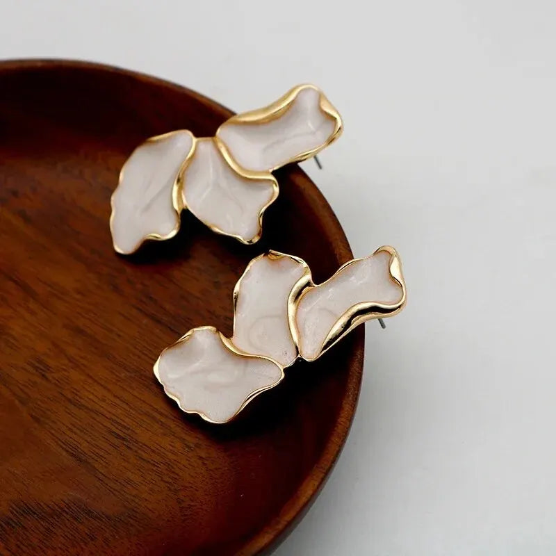 Metal Flower Cream Epoxy Earring Stud Women Fashion Gold Color Plating Irregular Post Earrings Heavy Design Statement Earrings-Dollar Bargains Online Shopping Australia