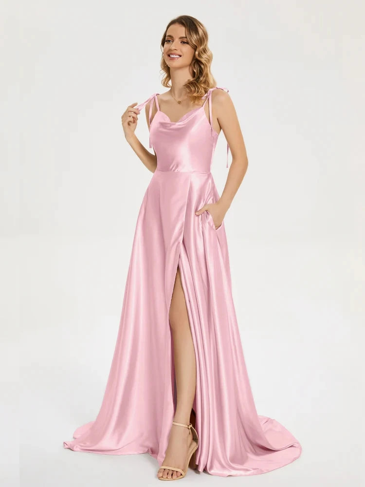 Satin Maxi Flared Dress Sexy Bridesmaid Dress Open Back A Line Wedding Evening Gown with Train-Dollar Bargains Online Shopping Australia